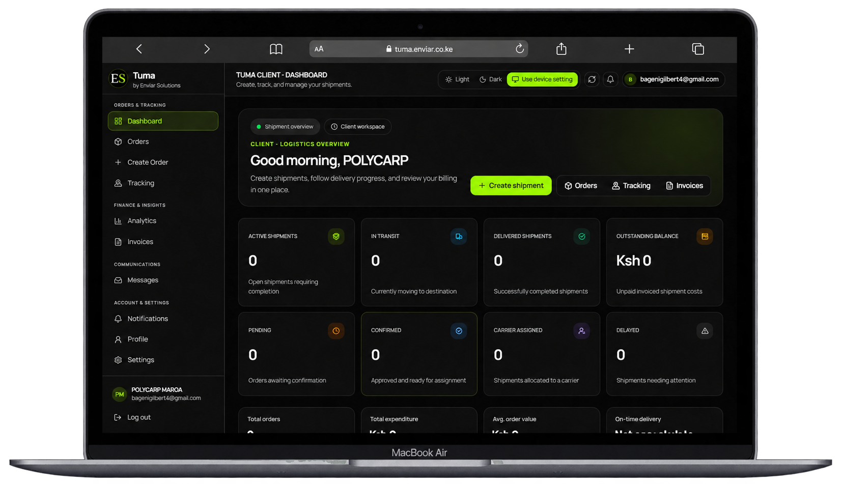 Tuma by Enviar client dashboard displayed on a laptop