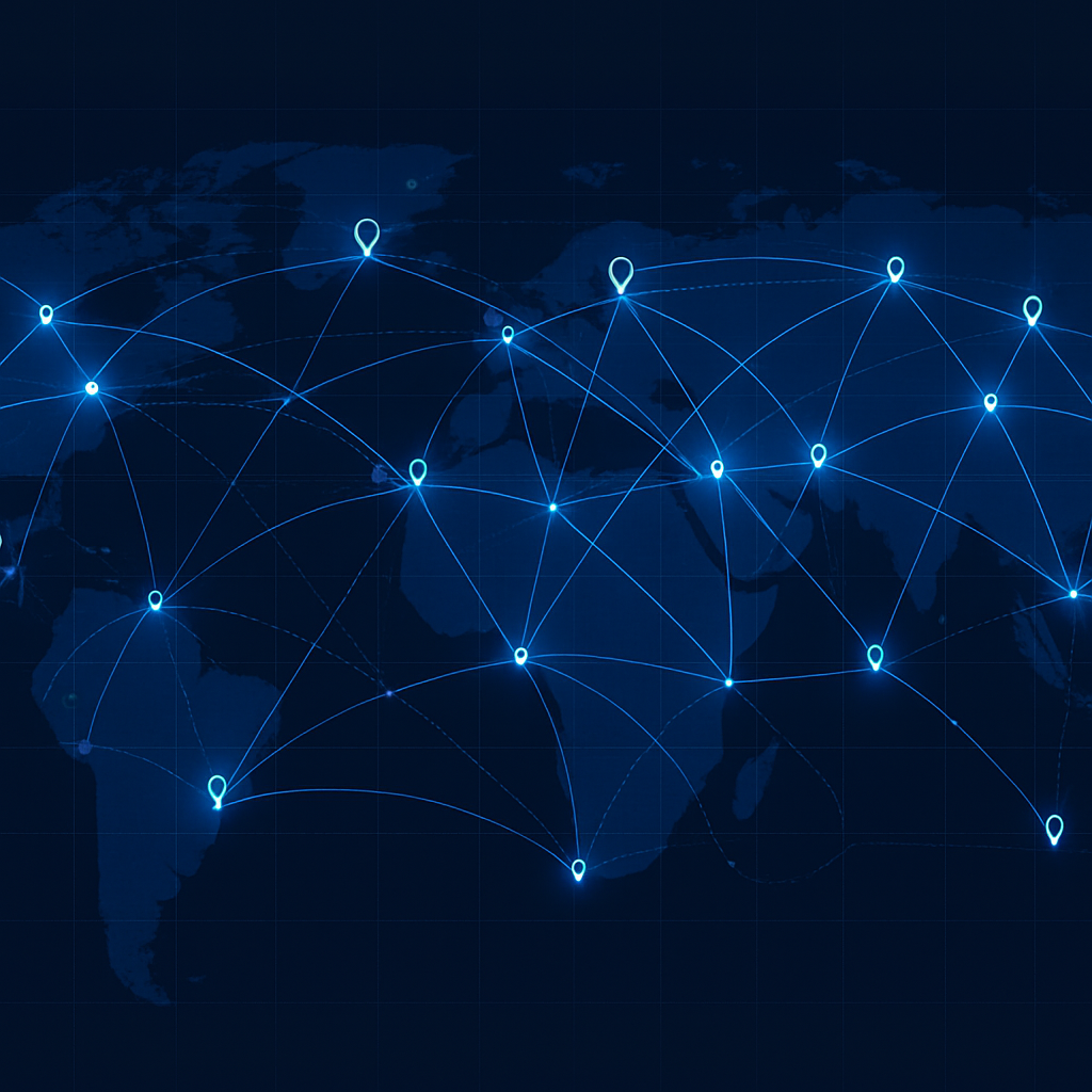 Global shipment network connecting distribution hubs across regions